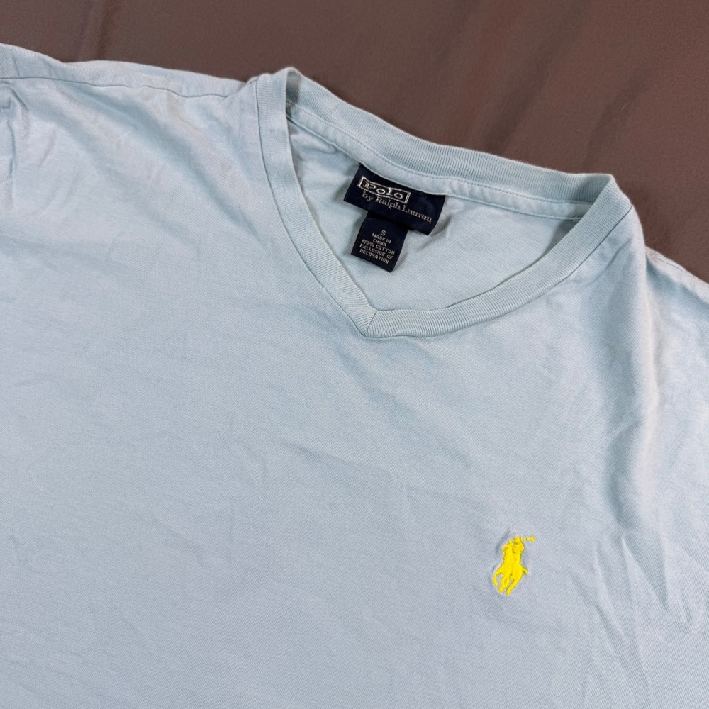 Polo Ralph Lauren Mens V-Neck T-Shirt Light Blue Yellow Pony Logo Size S
